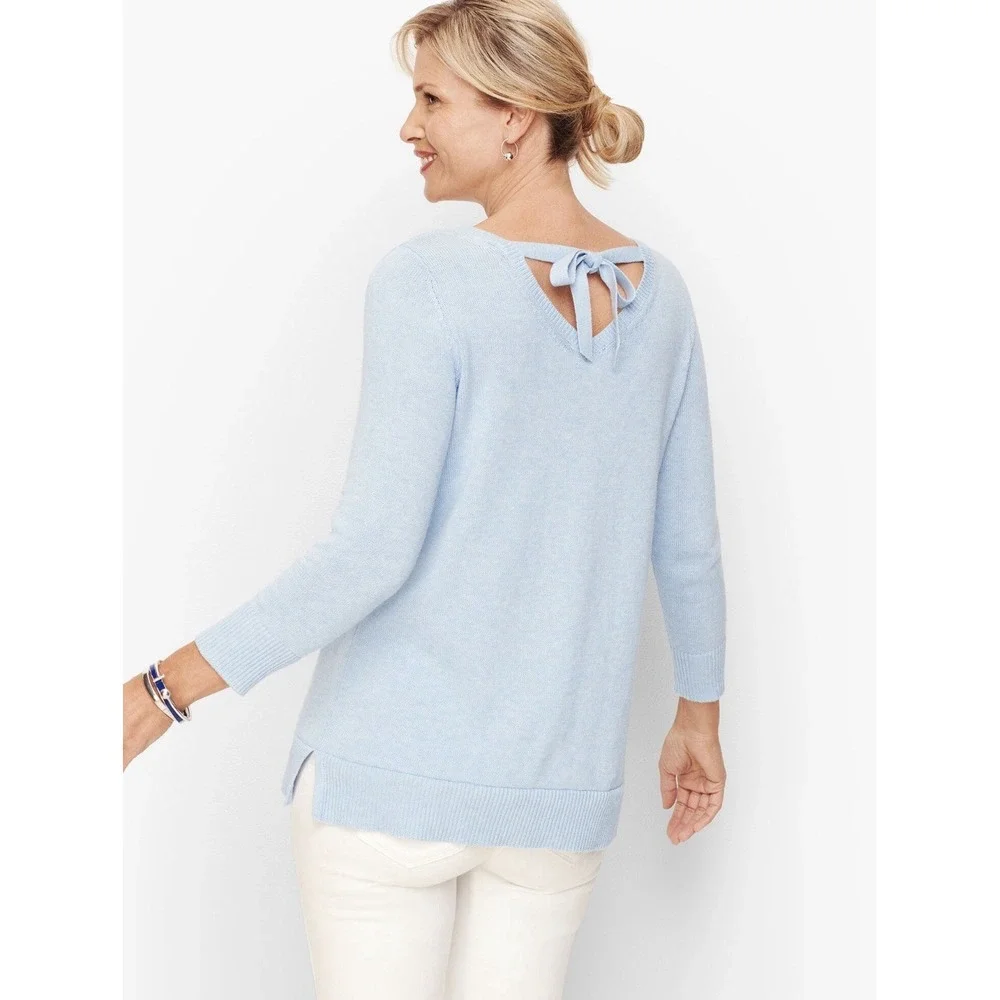 Talbots Double V-Neck Tie Back Sweater Light Blue Small Petite Preppy Coquette‎
